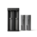 XTAR MC2 dual-slot USB charger with 2x LG M50LT 5000mAh high-capacity 21700 flat top batteries – high-capacity power set with 60°C thermal cutoff.