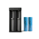 XTAR MC2 dual-slot USB charger with 2x Molicel M35A 3500mAh flat top 18650 batteries – high-output power kit.