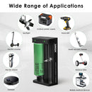 XTAR MC2 charger and Samsung 50S flat top batteries powering tactical flashlights, heavy-duty power tools, and high-torque e-mobility devices.