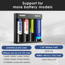 XTAR MX4 charger compatibility chart supporting 10440, 14500, 16340, 18350, 18500, 18650, 18700, 20700, 21700, and NiMH AAA, AA, A, SC batteries.