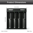 XTAR MX4 charger detailed dimensions showing 100mm length, 97mm width, 26.3mm height, and 100g weight with input voltage and charging current specs.