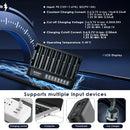 XTAR MX8 smart charger showing 1A and 0.5A charging currents, real-time LCD status display for each slot, and USB-C input for power banks, adapters, and laptops.
