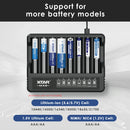 XTAR MX8 charger compatibility chart supporting 3.6/3.7V Li-ion 10440, 14500, 16340, 18500, 18650, 21700, 1.5V Li-ion AA/AAA, and 1.2V NiMH AA/AAA batteries.