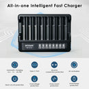 XTAR MX8 charger intelligent safety system with overcharge, overcurrent, overvoltage, short circuit, temperature and reverse polarity protection, plus 16-hour auto cut-off.