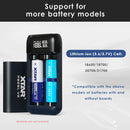 XTAR PB2SL V2 battery compatibility chart showing support for unprotected and protected 18650, 18700, 20700, and 21700 Li-ion batteries with included spacer bracket.