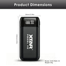 XTAR PB2SL V2 charger detailed dimensions measuring 125mm length, 58mm width and 28mm height, weighing 85g without batteries.