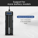 XTAR SC1 charger compatibility chart showing support for 18650, 18700, 20700, 21700, 22650, 25500 and 26650 Li-ion batteries.