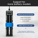 XTAR SC1 Plus charger compatibility chart showing support for Li-ion 18650 to 26800 batteries and 1.2V NiMH D size batteries.
