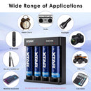 Universal 4-bay charger managing mixed Li-ion and Ni-MH batteries for household devices