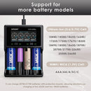 XTAR VC4SL charger supports 18650, 21700, 26650, 18350, 16340, 14500 – wide Li-ion compatibility.
