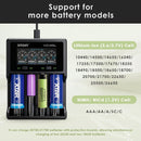 XTAR VC4SL charger supports 18650, 21700, 26650, 18350, 16340, 14500 – wide Li-ion compatibility.