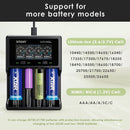 XTAR VC4SL charger supports 18650, 21700, 26650, 18350, 16340, 14500 – wide Li-ion compatibility.
