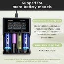 XTAR VC4SL charger supports 18650, 21700, 26650, 18350, 16340, 14500 – wide Li-ion compatibility.