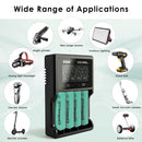 XTAR VC4SL charger and EVE 33V button top batteries powering flashlights and power stations.