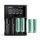 XTAR VC4SL 4-slot smart charger with 4x EVE 33V 3300mAh flat top 18650 batteries – high-capacity power bundle.