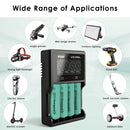 XTAR VC4SL charger and EVE 33V flat top batteries powering EDC flashlights and camping gear.
