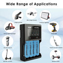 XTAR VC4SL charger and EVE 35V flat top batteries powering EDC flashlights and camping gear.