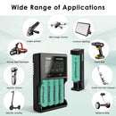 XTAR VC4SL and MC1 chargers with EVE 33V button top batteries powering flashlights and power stations.