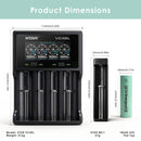 XTAR VC4SL, MC1, and 6x EVE 33V flat top batteries – complete bundle dimensions and compact layout.
