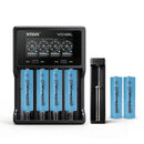 XTAR VC4SL 4-slot charger, MC1 single-slot charger, and 6x EVE 35V button top 18650 batteries – complete high-capacity long-run power kit.