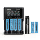 XTAR VC4SL 4-slot smart charger, MC1 single-slot USB charger, and 6x EVE 35V 3500mAh flat top 18650 batteries – high-capacity power bundle for EDC and outdoor adventures.