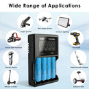 XTAR VC4SL charger and Molicel M35A flat top batteries powering high-lumen flashlights and RC cars.