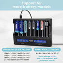 XTAR VC8 compatible battery types – supports Li-ion, Ni-MH, Ni-Cd – 18650, 21700, 26650, AA, AAA, C, D.