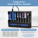 XTAR VC8 compatible battery types – supports Li-ion, Ni-MH, Ni-Cd – 18650, 21700, 26650, AA, AAA, C, D.