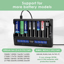 XTAR VC8 compatible battery types – supports Li-ion, Ni-MH, Ni-Cd – 18650, 21700, 26650, AA, AAA, C, D.