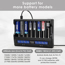 XTAR VC8 compatible battery types – supports Li-ion, Ni-MH, Ni-Cd – 18650, 21700, 26650, AA, AAA, C, D.