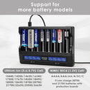 XTAR VC8 compatible battery types – supports Li-ion, Ni-MH, Ni-Cd – 18650, 21700, 26650, AA, AAA, C, D.