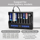 XTAR VC8 compatible battery types – supports Li-ion, Ni-MH, Ni-Cd – 18650, 21700, 26650, AA, AAA, C, D.