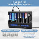XTAR VC8 compatible battery types – supports Li-ion, Ni-MH, Ni-Cd – 18650, 21700, 26650, AA, AAA, C, D.