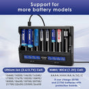 XTAR VC8 compatible battery types – supports Li-ion, Ni-MH, Ni-Cd – 18650, 21700, 26650, AA, AAA, C, D.