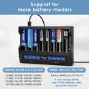 XTAR VC8 compatible battery types – supports Li-ion, Ni-MH, Ni-Cd – 18650, 21700, 26650, AA, AAA, C, D.