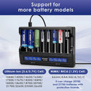 XTAR VC8 compatible battery types – supports Li-ion, Ni-MH, Ni-Cd – 18650, 21700, 26650, AA, AAA, C, D.
