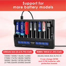 XTAR VC8 compatible battery types – supports Li-ion, Ni-MH, Ni-Cd – 18650, 21700, 26650, AA, AAA, C, D.