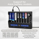 XTAR VC8 compatible battery types – supports Li-ion, Ni-MH, Ni-Cd – 18650, 21700, 26650, AA, AAA, C, D.