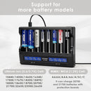XTAR VC8 compatible battery types – supports Li-ion, Ni-MH, Ni-Cd – 18650, 21700, 26650, AA, AAA, C, D.