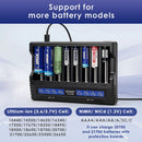 XTAR VC8 compatible battery types – supports Li-ion, Ni-MH, Ni-Cd – 18650, 21700, 26650, AA, AAA, C, D.