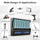 XTAR VC8 charger and EVE 20P flat top batteries powering high-power vapes, flashlights, and power tools.