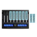 XTAR VC8 8-slot LCD smart charger with 8x EVE 20P 2000mAh 30A flat top 18650 batteries – QC 3.0 fast charging high-drain power kit.