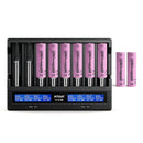 XTAR VC8 8-slot LCD smart charger with 8x EVE 30P 3000mAh 30A flat top 18650 batteries – high-output power station for aerial cinematography and expedition field support.