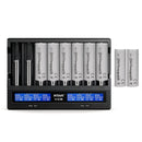 XTAR VC8 8-slot LCD smart charger with 8x EVE 50E 5000mAh 21700 flat top batteries – high-capacity power pack.