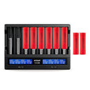 XTAR VC8 8-slot smart charger with 8x LG HE2 2500mAh 20A flat top 18650 batteries – professional high-capacity power kit.