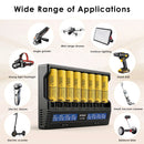 XTAR VC8 charger and LG HE4 flat top batteries powering vapes, flashlights, and power tools.