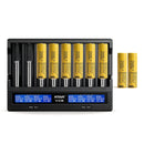 XTAR VC8 8-slot smart charger with 8x LG HE4 2500mAh 20A flat top 18650 batteries – professional high-capacity power kit.