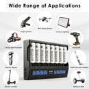 XTAR VC8 charger and Molicel P28A flat top batteries powering vapes, flashlights, drones, and power tools.