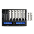 XTAR VC8 8-slot LCD smart charger with 8x Molicel P28A 2800mAh 25A flat top 18650 batteries – high-performance power station.
