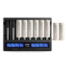 XTAR VC8 8-slot LCD smart charger with 8x Molicel P45B 4500mAh 45A 21700 flat top batteries – flagship extreme high-output power reserve.
